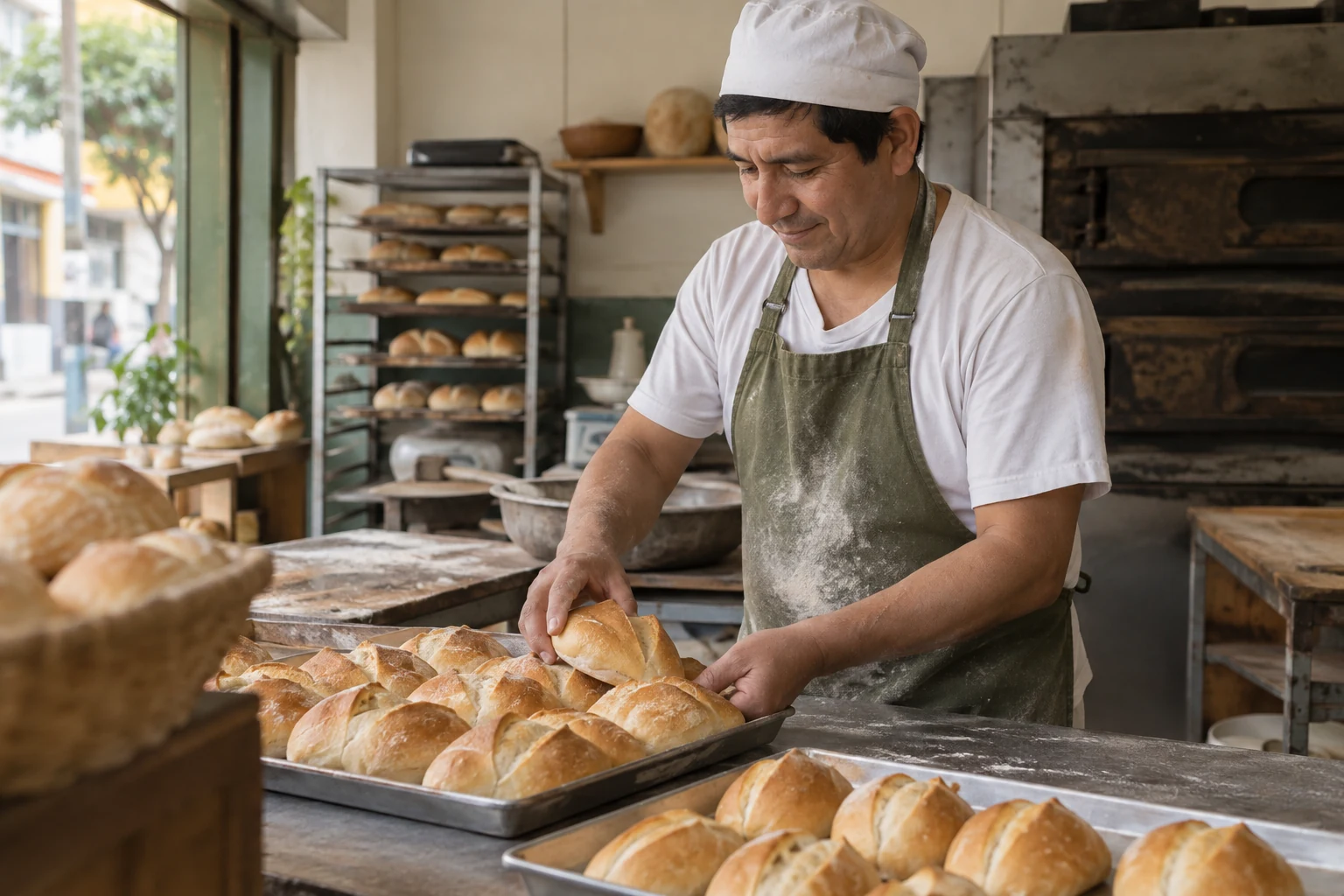 Un panadero prepara panes en su panadería.