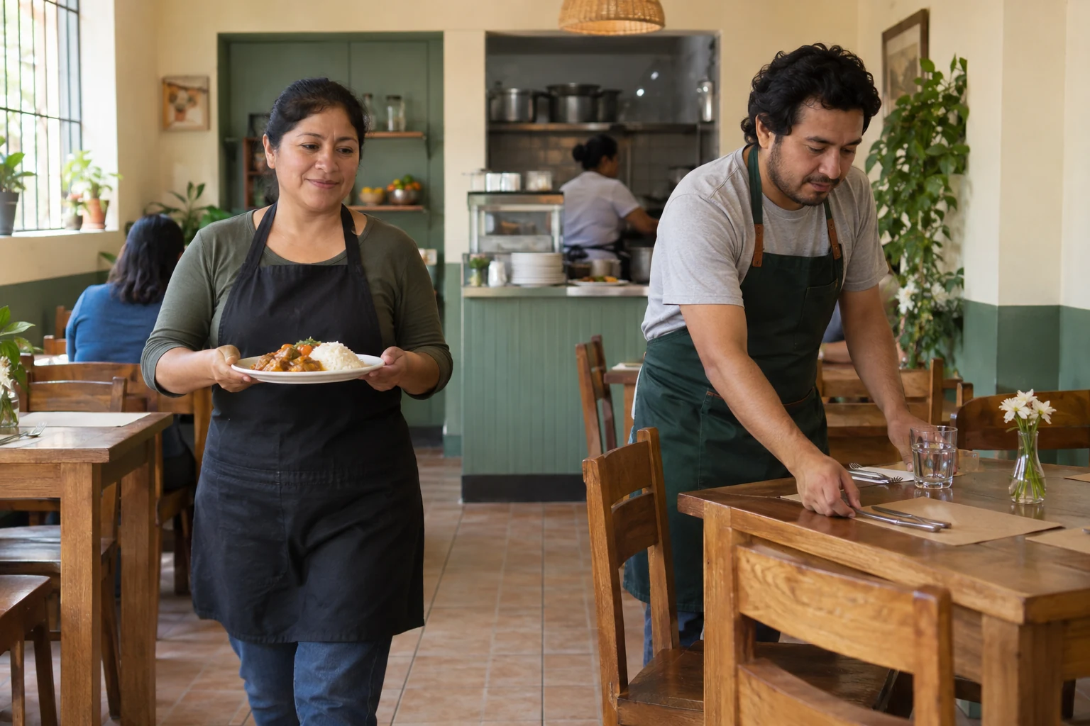 Una familia trabaja en su restaurante.